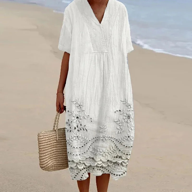 Vestidos Retro Solid V Neck A-Line Midi Dress Women Spring Casual Loose Pullover Dress Sexy Short Sleeve Summer Vacation Dresses