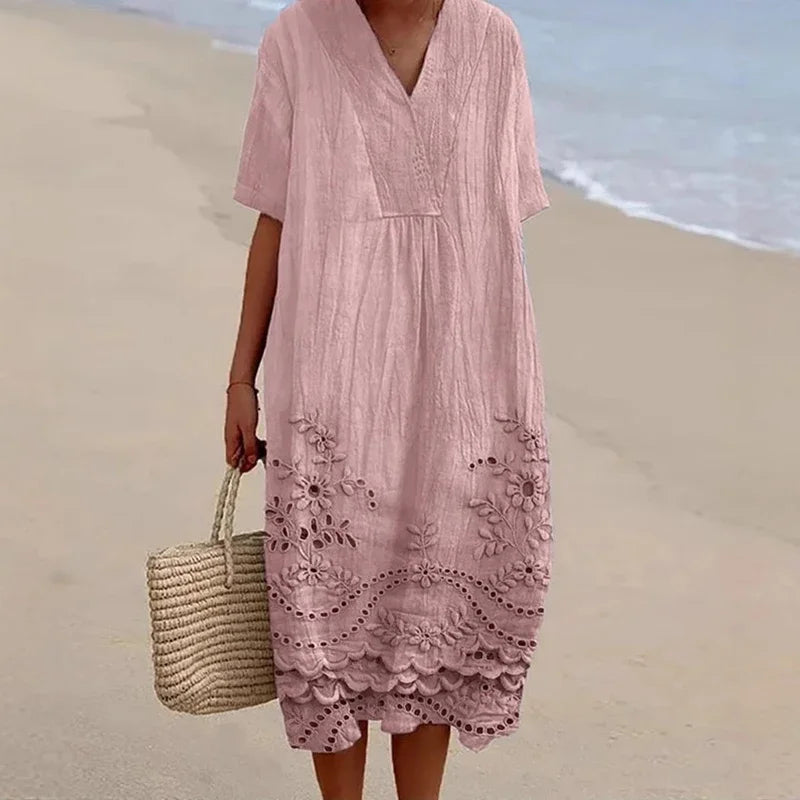 Vestidos Retro Solid V Neck A-Line Midi Dress Women Spring Casual Loose Pullover Dress Sexy Short Sleeve Summer Vacation Dresses