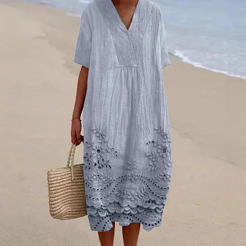 Vestidos Retro Solid V Neck A-Line Midi Dress Women Spring Casual Loose Pullover Dress Sexy Short Sleeve Summer Vacation Dresses